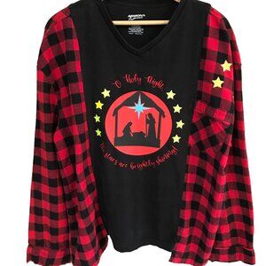 Upcycled Christmas Flannel: Red Plaid Shirt, Nativity Scene Top, Size M-XL